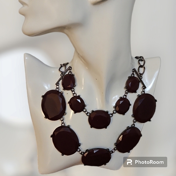 VTG Gunmetal Dark Purple Faceted Oval Layered Bib Necklace - Picture 1 of 8